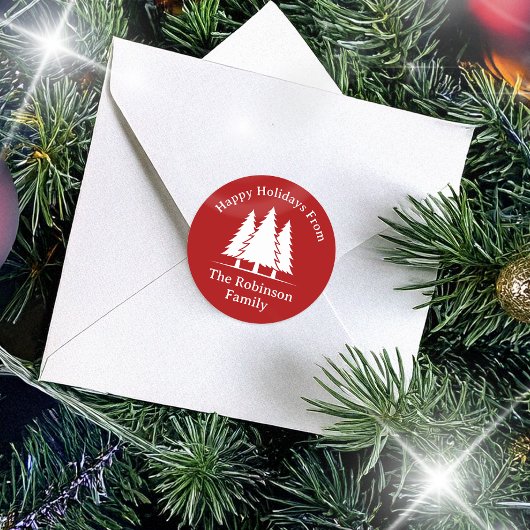 Drie pijnbomen rustieke kerstgroet ronde sticker