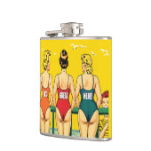 Drie pin-up meisjes van achter, strand Humor, grap Heupfles (Links)