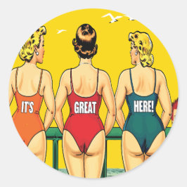 Drie pin-up meisjes van achter, strand Humor, grap Ronde Sticker