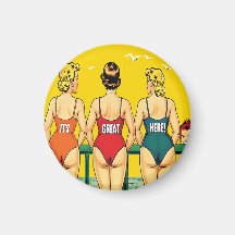 Drie pin-up meisjes van achteren, strand humor, gr