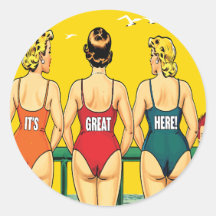 Drie pin-up meisjes van achteren, strand humor, gr