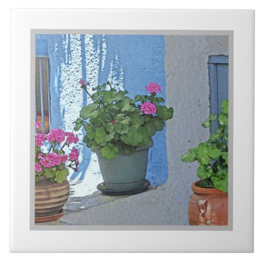 DRIE PINKGERANIUMS/BLAUWE WAL TEGELTJE (Voorkant)