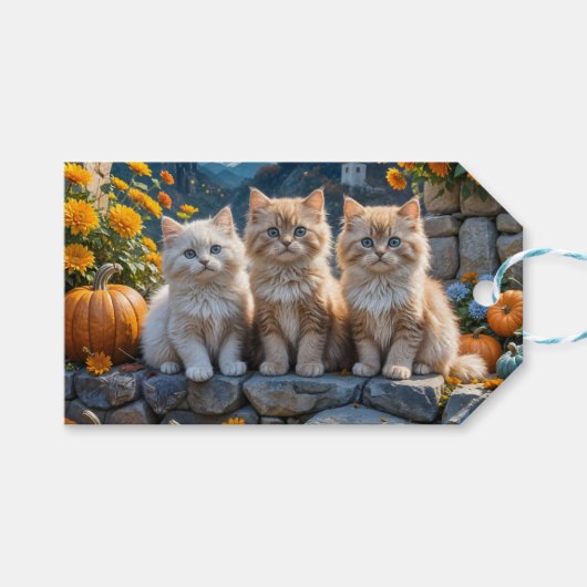 Drie pluizige herfst Kittens met pompoenen en mama Cadeaulabel (Voorkant (Horizontaal))