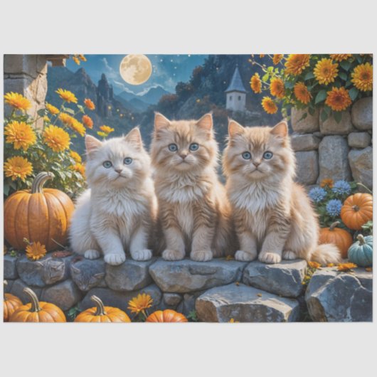 Drie pluizige herfst Kittens met pompoenen en mama Tissuepapier (Voorkant)