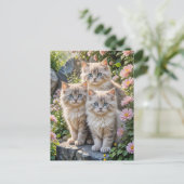 Drie pluizige Kittens in roze bloemen Briefkaart (Staand voorkant)