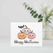 Drie pompoen en vleermuis Schattige Happy Hallowee Feestdagenkaart (Staand voorkant)