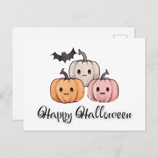 Drie pompoen en vleermuis Schattige Happy Hallowee Feestdagenkaart (Voorkant / Achterkant)