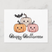 Drie pompoen en vleermuis Schattige Happy Hallowee Feestdagenkaart (Voorkant)
