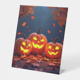 Drie pompoenen die glimlachen reclamebord met voetstuk