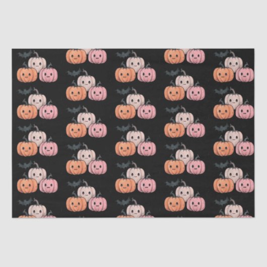 Drie pompoenen en een vleermuispatroon Halloween Tissuepapier (Voorkant)
