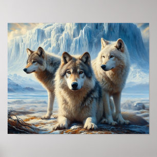 Drie prachtige Arctische wolven in Gletsjer Tundra Poster