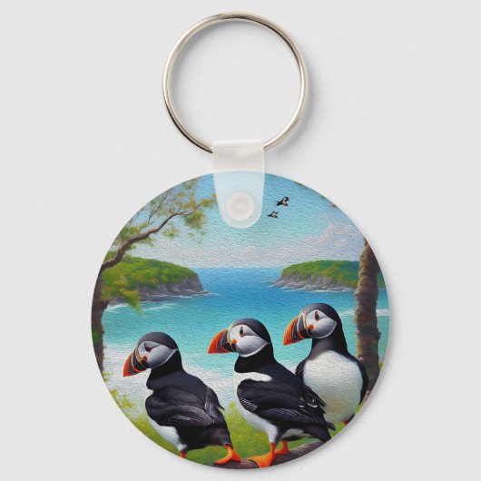 Drie Puffin Birds Oil Paint, Keyring Sleutelhanger (Voorkant)