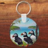 Drie Puffin Birds Oil Paint, Keyring Sleutelhanger (Voorkant)