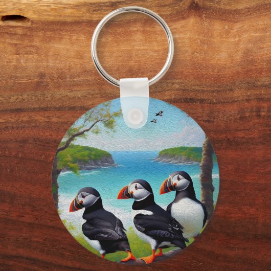 Drie Puffin Birds Oil Paint, Keyring Sleutelhanger (Voorkant)