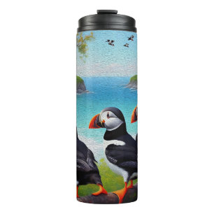 Drie Puffin Birds Oil Paint, Thermal Tumbler Thermosbeker