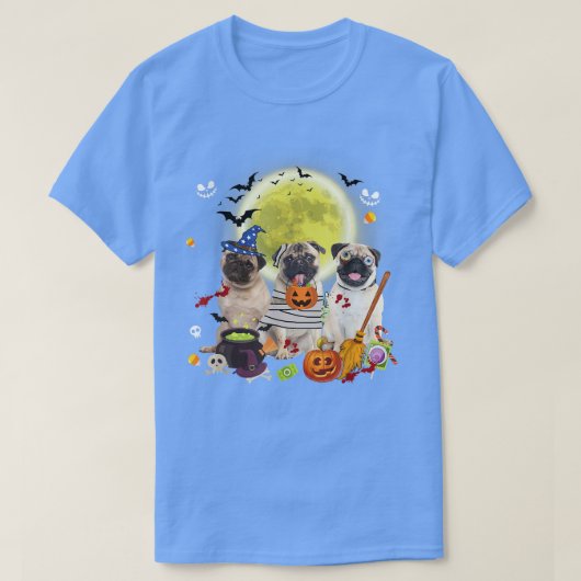 Drie Pug Dogs Witch Scary Mummy Halloween T-shirt (Design voorkant)