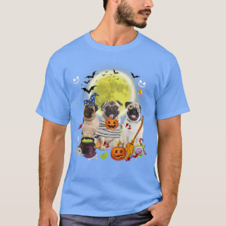 Drie Pug Dogs Witch Scary Mummy Halloween T-shirt