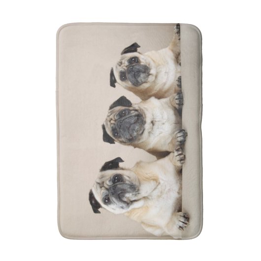 Drie pugs in rij badmat (Voorkant Verticaal)