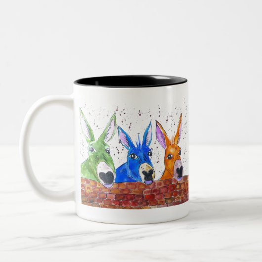 Drie Quirky Colorful Donkeys Tweekleurige Koffiemok (Links)
