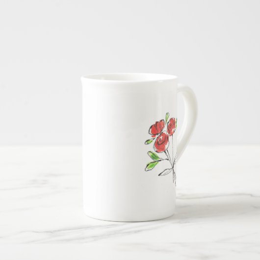 Drie Red Roses Bouquet | Bone China Mok (Voorkant rechts)