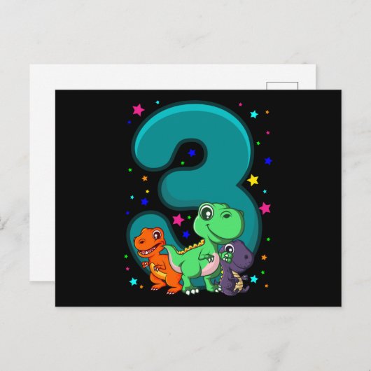 DRIE REX 3 Jaar Oude 3e Verjaardag Kinderen Dino Briefkaart (Voorkant / Achterkant)
