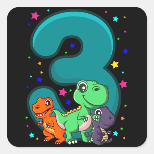 DRIE REX 3 jaar oude Dino op 3e verjaardag Kinder Vierkante Sticker (Voorkant)
