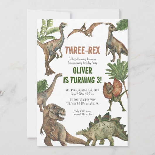 Drie-Rex 3 Jaar Verjaardag Dinosaurussen uitnodigi Save The Date (Voorkant)