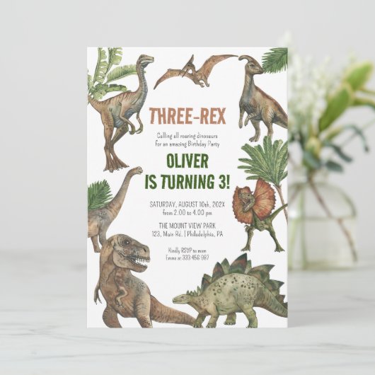 Drie-Rex 3 Jaar Verjaardag Dinosaurussen uitnodigi Save The Date (Staand voorkant)