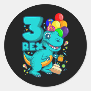 DRIE REX 3-jarige derde verjaardag Jongen Dino Ronde Sticker
