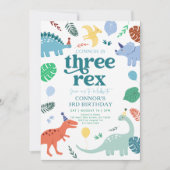 Drie Rex Blue Boy Dinosaurus Boho 3e verjaardag Kaart (Voorkant)