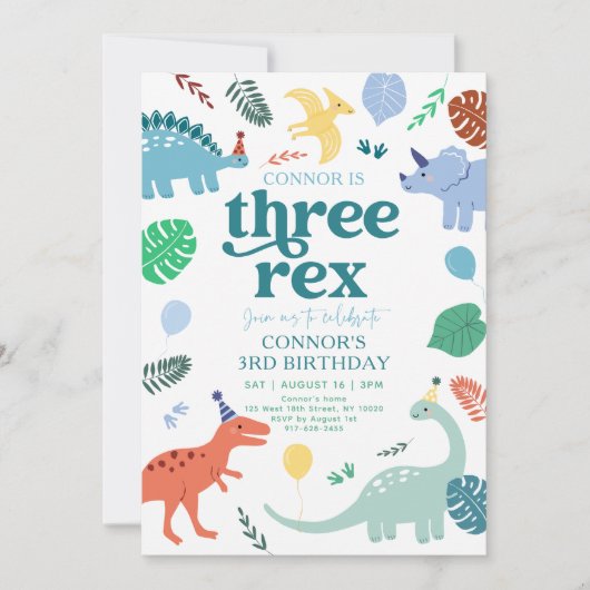 Drie Rex Blue Boy Dinosaurus Boho 3e verjaardag Kaart (Voorkant)