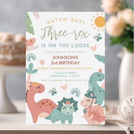 Drie-rex Boy Dinosaur Pastel 3e verjaardagsfeestje Kaart