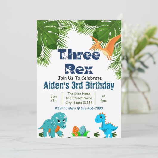 Drie Rex Dino Verjaardagsfeestje Kaart (Staand voorkant)
