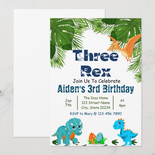Drie Rex Dino Verjaardagsfeestje Kaart (Voorkant / Achterkant)