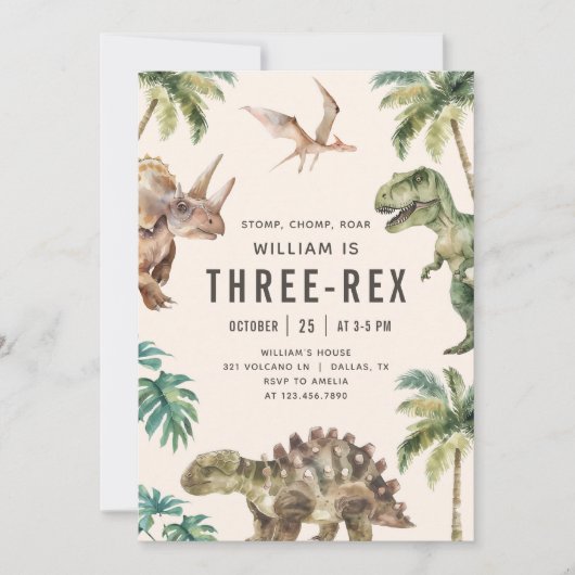 Drie Rex Dinosaur 3de Verjaardagsfeestje Kaart (Voorkant)
