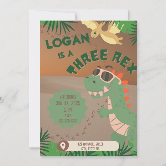 Drie Rex Dinosaur 3e verjaardag uitnodiging (Voorkant)