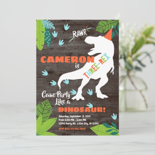 Drie-rex Dinosaur 3e verjaardag uitnodiging (Staand voorkant)