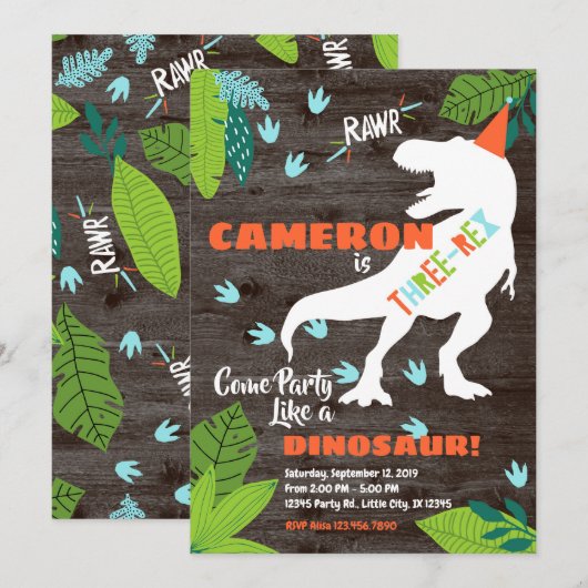 Drie-rex Dinosaur 3e verjaardag uitnodiging (Voorkant / Achterkant)