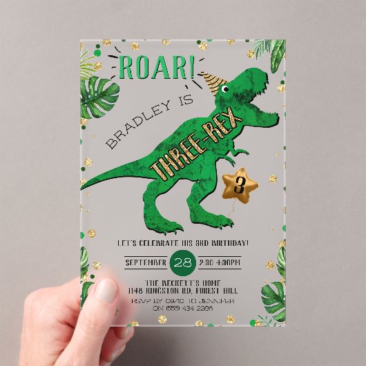 Drie-Rex Dinosaur 3rd Birthday Acryl Uitnodigingen (Insitu (Draagbaar))