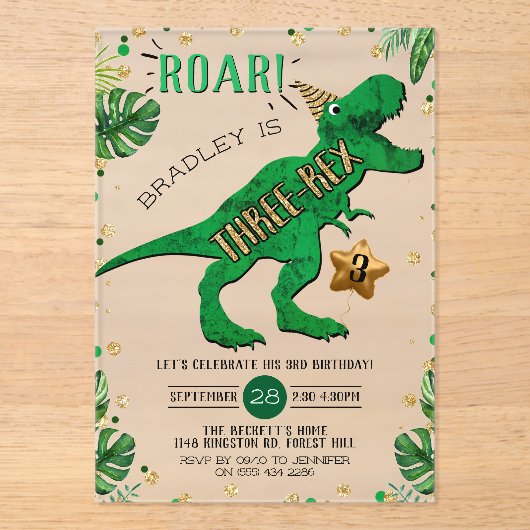 Drie-Rex Dinosaur 3rd Birthday Acryl Uitnodigingen (Voorkant)