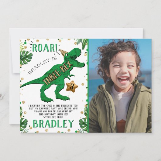 Drie-Rex Dinosaur 3rd Birthday Foto Bedankkaart (Voorkant)