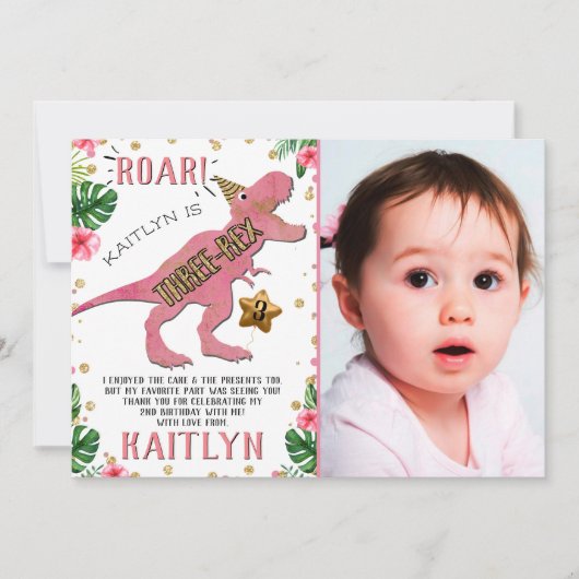 Drie-Rex Dinosaur 3rd Birthday Foto Bedankkaart (Voorkant)