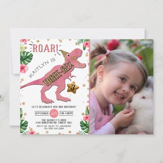 Drie-Rex Dinosaur 3rd Birthday Foto Kaart (Voorkant)