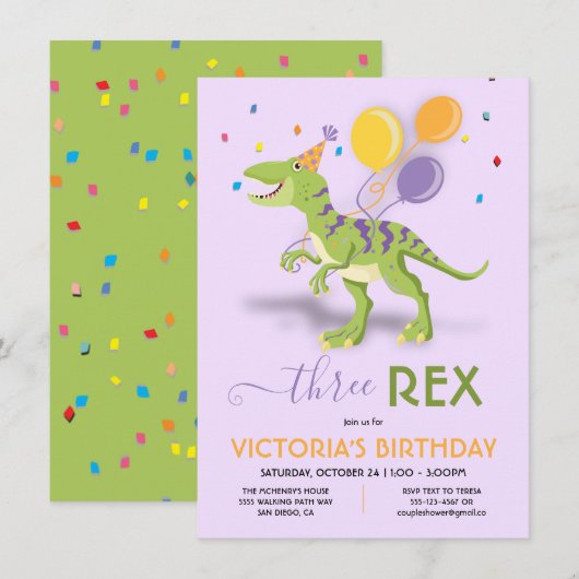 Drie Rex Dinosaur Birthday Party Kaart (Voorkant / Achterkant)