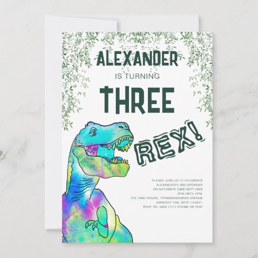 Drie Rex Dinosaur Birthday Party Kaart (Voorkant)