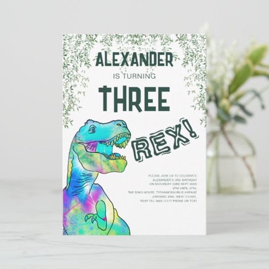 Drie Rex Dinosaur Birthday Party Kaart (Staand voorkant)