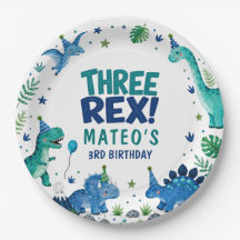 Drie Rex Dinosaur Blauw 3e Verjaardag Papier