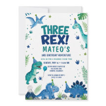 Drie Rex Dinosaur Blauw Aquarel 3e Verjaardag