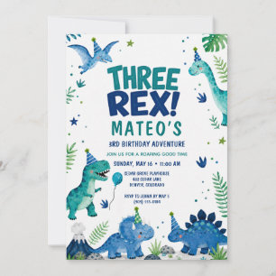 Drie Rex Dinosaur Blauw Aquarel 3e Verjaardag Kaart