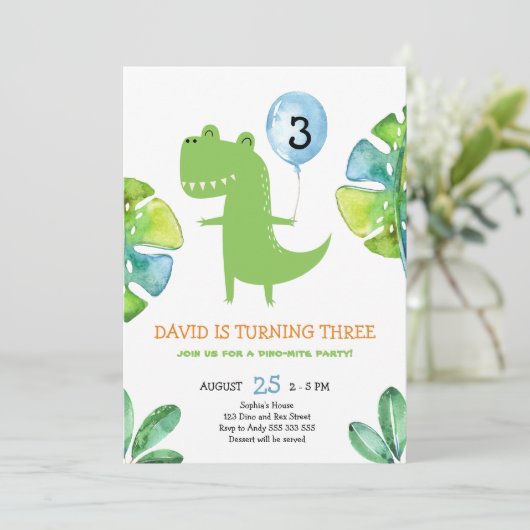 Drie Rex Dinosaur Boy 3rd Birthday Party Kaart (Staand voorkant)